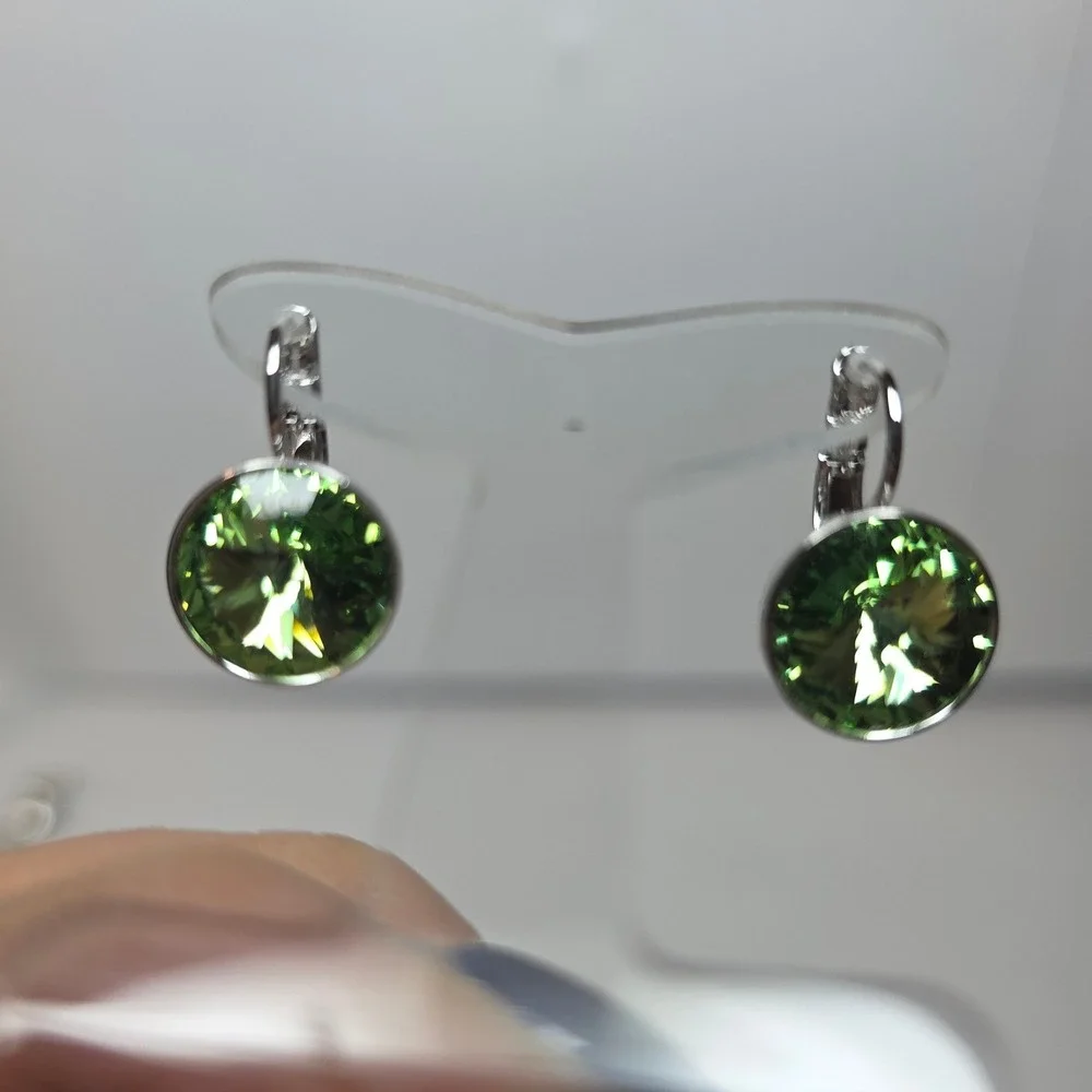 New! Swarovski Elements PeridotGreen Leverback Platinum Plated Earrings 13mm #7